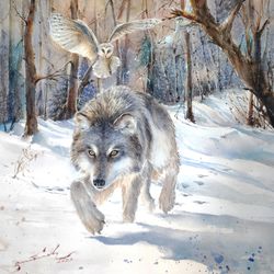 Original painting Wolf painting Wild Animal painting large painting Gift for hunter Wildlife fine art Owl painting DIY
