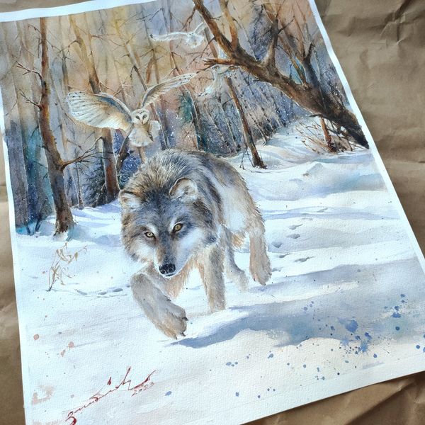 Original-Wolf-Owl-painting-Wild-Animal-Gift-hunter-Wildlife-fine-art-4.jpg