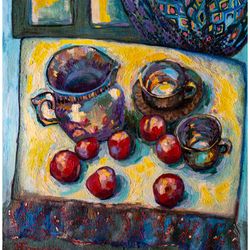 Still Life, Fruit Wall ,Original Oil Painting Art Home Decor Affordable , Art Tea Set Painting,