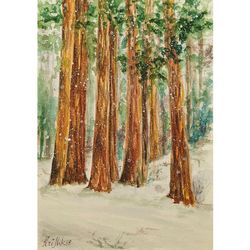 sequoia painting trees watercolor landscape original art 12 by 8 winter forest wall art