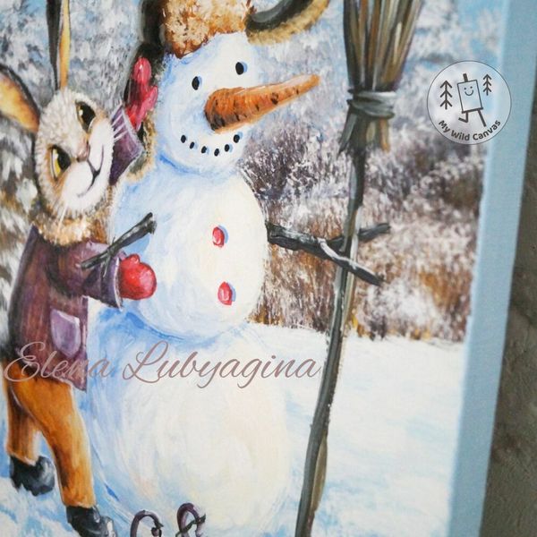 Rabbit Making a Snowman, Cute Kids Room Painting by MyWildCanvas-2.jpg