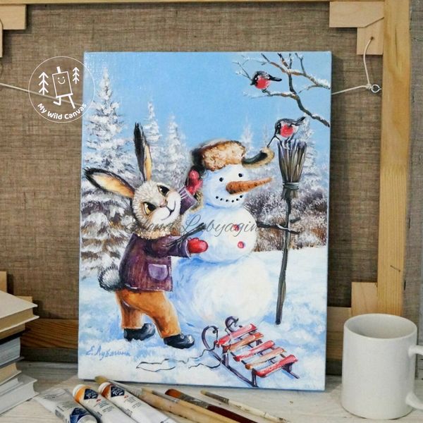 Rabbit Making a Snowman, Cute Kids Room Painting by MyWildCanvas-3.jpg