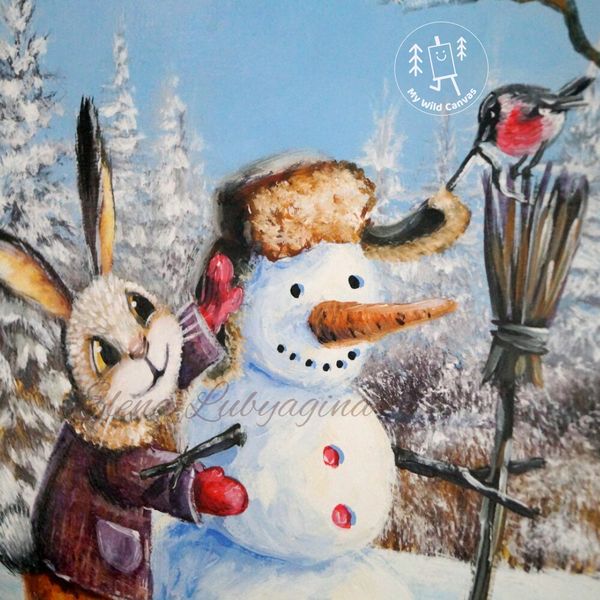 Rabbit Making a Snowman, Cute Kids Room Painting by MyWildCanvas.jpg