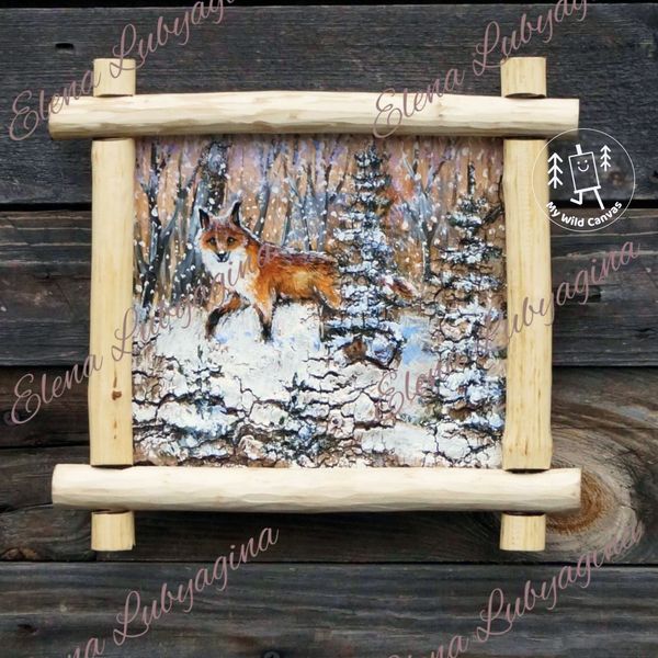 Painting of a Fox in Winter Woods, Fox Painting on Birch Bark by MyWildCanvas-2.jpg
