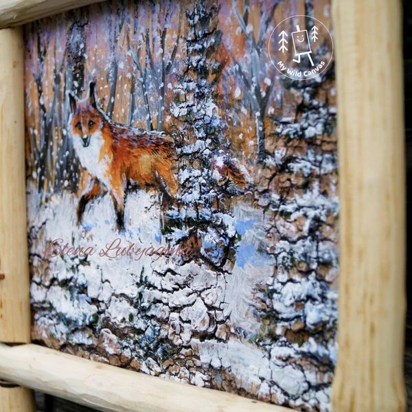 Painting of a Fox in Winter Woods, Fox Painting on Birch Bark by MyWildCanvas.jpg