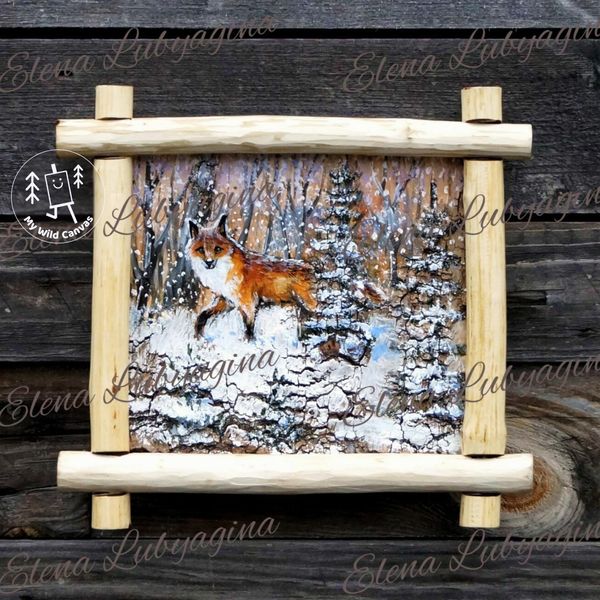 Painting of a Fox in Winter Woods, Fox Painting on Birch Bark by MyWildCanvas-5.jpg