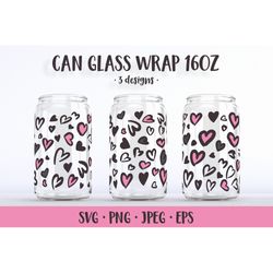 Heart leopard can glass wrap SVG. Valentines glass can