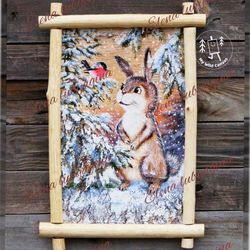 rabbit and bullfinch painting, cute kids room wall decor