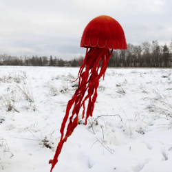 Felted hanging  red  jellyfish , big realistic jellyfish for lovers of ocean , 17 cm diameter of dome