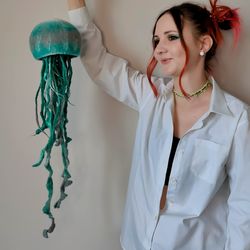Felted hanging mint  jellyfish , big realistic jellyfish for lovers of ocean , 17 cm diameter of dome