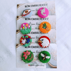 Embroidery Buttons Animal Buttons Fabric Covered Brooch Handmade Floral Button Design Pin Accessories 8 Pcs