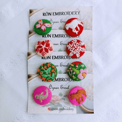 Embroidery Buttons Fabric Covered Brooch Handcrafted Floral Design Pin Accessories 8 Pcs