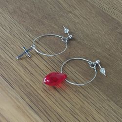Anime earrings handmade Large hoop earrings mismatched Cross and red crystal earrings