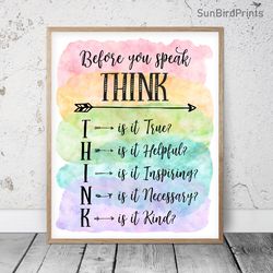Before You Speak Think, Rainbow Classroom Printable, School Counselor Sign, Teacher Office Decor, Growth Mindset Quotes