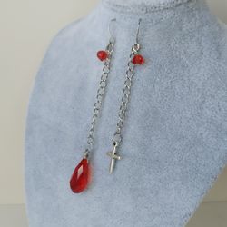 Anime earrings with red teardrop and cross charm Cosplay hunter earrings hxh earrings Chain user earrings handmade