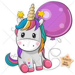 Cute Cartoon Unicorn PNG, clipart, Sublimation Design, Children printable, illustration, balloon