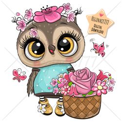 cute cartoon owl png, clipart, sublimation design, flowers, print, clip art