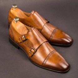 Men's Handmade Tan Patina Leather Oxford Brogue Toe Cap Double Buckle Monk Strap, Men's Handmade Dress Shoes