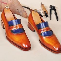 Men's Handmade Two Tone Tan & Blue Leather Shoes, Men's Loafer Tie Moccasin Formal Leather Slip On