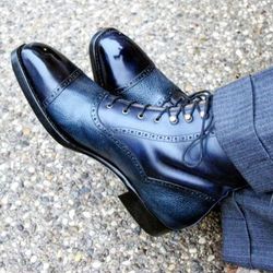 Men's Handmade Blue Leather Ankle High Boot, Men's Dress Formal Boots