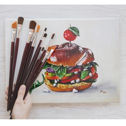 Burger Painting Food Original Art Vegan Oil Painting Hyperrealism Wall Art 9 x 12