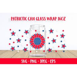 Patriotic Sunflower can glass wrap SVG. 4th of July glass can
