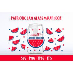 Patriotic Watermelon can glass wrap SVG. 4th of July glass can