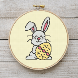 Bunny With Egg Color cross stitch pattern, pdf easy counted embroidery chart, easter bunny, easter rabbit with egg