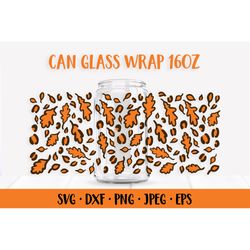 Fall Leopard Can Glass Wrap SVG. Oak Leaves Glass Can