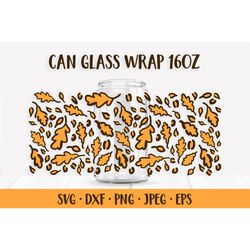 Fall Oak Leaves Can Glass Wrap SVG, Sublimation. Leopard Print Glass Can