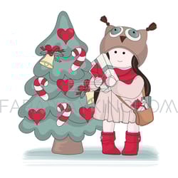gifts for girl tilda doll new year vector illustration set