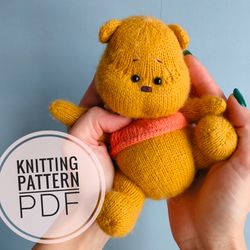 Pattern Teddy bear with knitting needles, Winnie Pooh knitted toy, Knitted teddy bear, Knitted doll