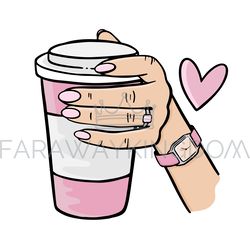 GIRL HOLDING A PINK CUP OF COFFEE Vector Illustration Set