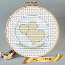 two hearts in a drop of water pattern pdf cross stitch, easy embroidery diy, small pattern for valentine's day