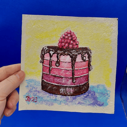 Food picture Chocolate cake original acrylic small painting hand-painted 6 by 6