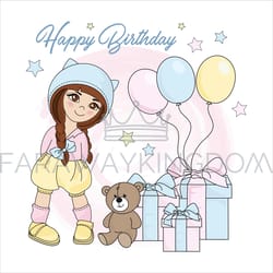 girl birthday holiday cartoon clip art vector illustration set