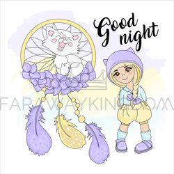 GIRL DREAMCATCHER Good Night Cartoon Vector Illustration Set