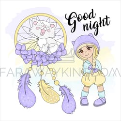 girl dreamcatcher good night cartoon vector illustration set