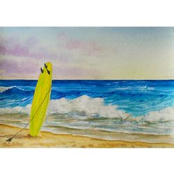 Surfing Painting Beach Watercolor Yellow Surfboard Original Art 12 by 8 Surf Artwork
