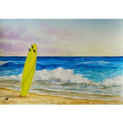 surfing painting beach watercolor yellow surfboard original art 12 by 8 surf artwork