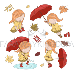girls and umbrellas autumn characters vector illustration set