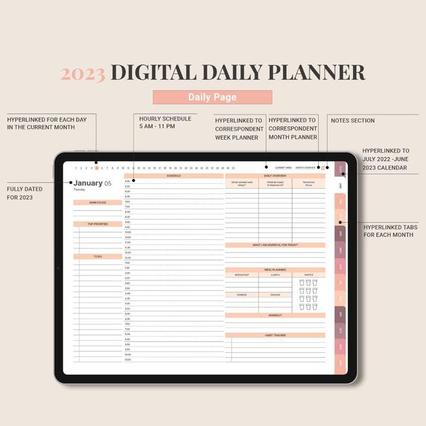 DIGITAL 2023 planner, Daily monthly weekly planner, Work student teacher hourly schedule, Monday Sunday Start, iPad (6).jpg