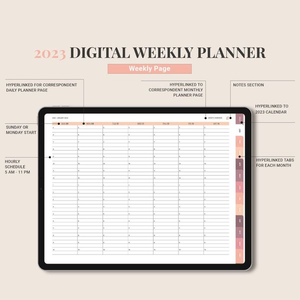 DIGITAL 2023 planner, Daily monthly weekly planner, Work student teacher hourly schedule, Monday Sunday Start, iPad (7).jpg