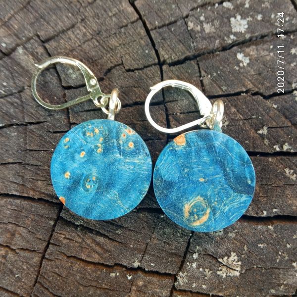 Blue wood earrings Circle earrings wooden Van Gogh style.jpg