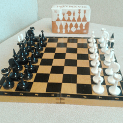 New Soviet vintage chess set, plastic chessmen and wooden board USSR