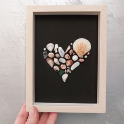 Heart Postcard in a Frame of Shells and Sea Glass. Shell Art. Holiday gift for lovers. Valentine's Day Beach Art.