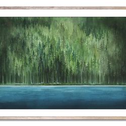 forest lake watercolor painting wall art pine trees forest art print large green landscape watercolor painting