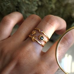Adjustable nature ring, Pressed flower ring, Gold stainless steel ring, Sun and moon resizable ring