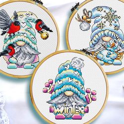 Christmas gnome cross stitch, Funny christmas cross stitch, Snowman cross stitch,  Bullfinch cross stitch,  Digital PDF