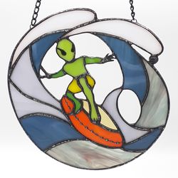 ufo suncatcher, ufo stained glass, stained glass window hangings, alien ornament ocean wave, stained glass suncatcher
